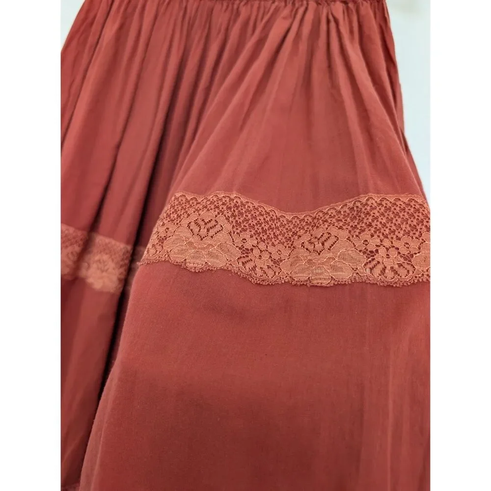Y2K Vintage Rampage Rust Boho Lace Tiered Cotton Midi Skirt Sz M Made in India